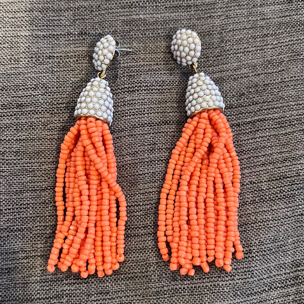 Coral and white beaded tassel earrings